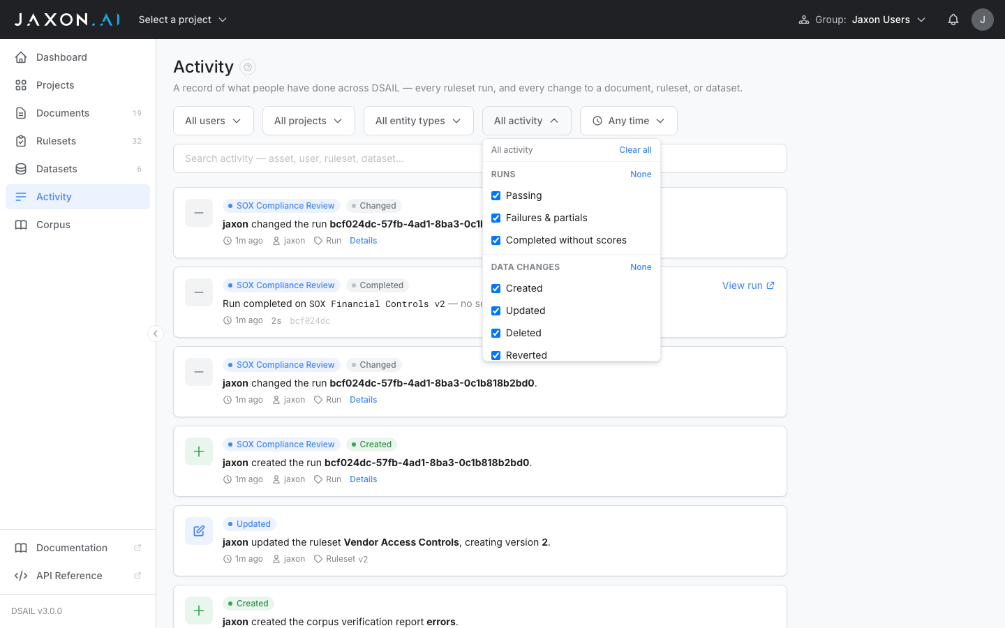 Activity filter bar with the activity-type dropdown open