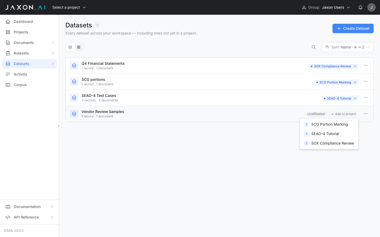 Unaffiliated dataset showing the Add to project control and its project menu