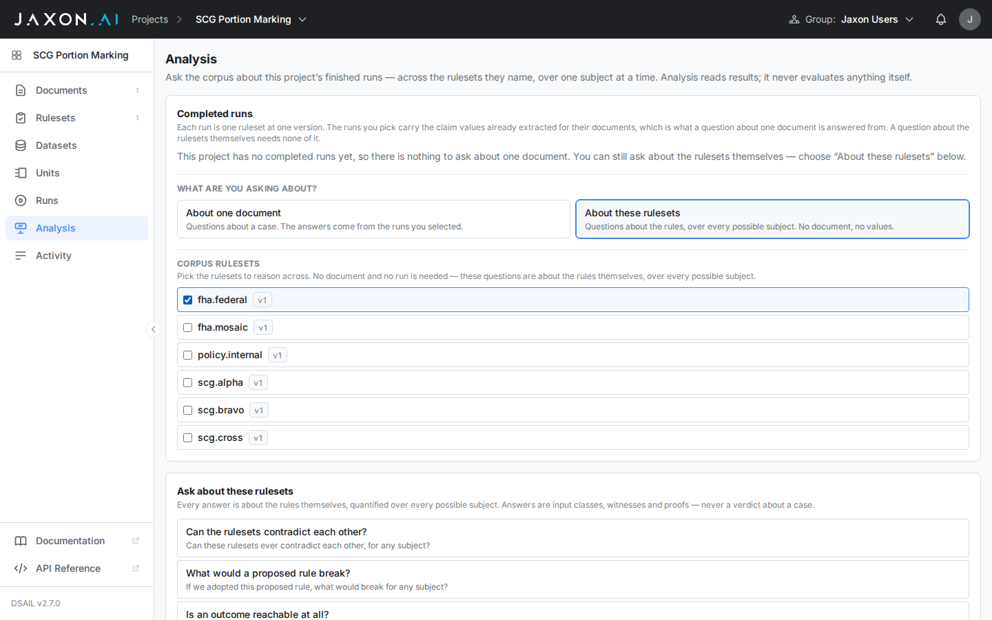 Analysis, asking about the rulesets, on a project with no runs