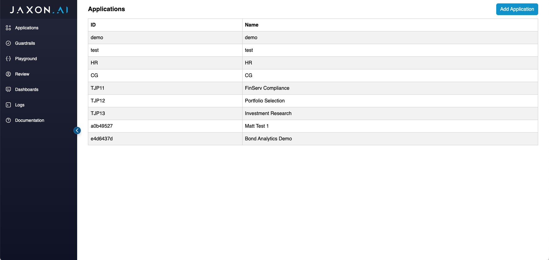 Application Management Screen