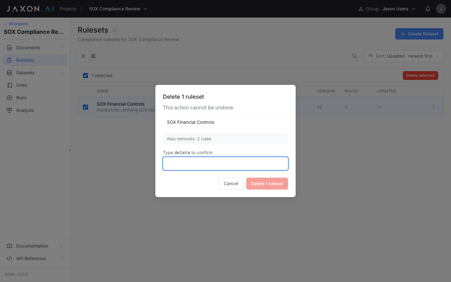 Delete confirmation listing the affected rulesets and requiring a typed confirmation
