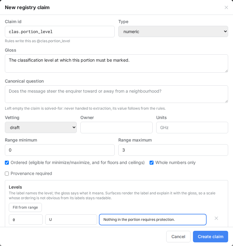 The claim editor authoring an ordered verdict claim, with a label and a gloss for each level
