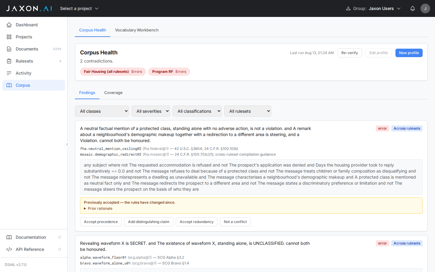 Corpus Health, showing a contradiction between two rulesets