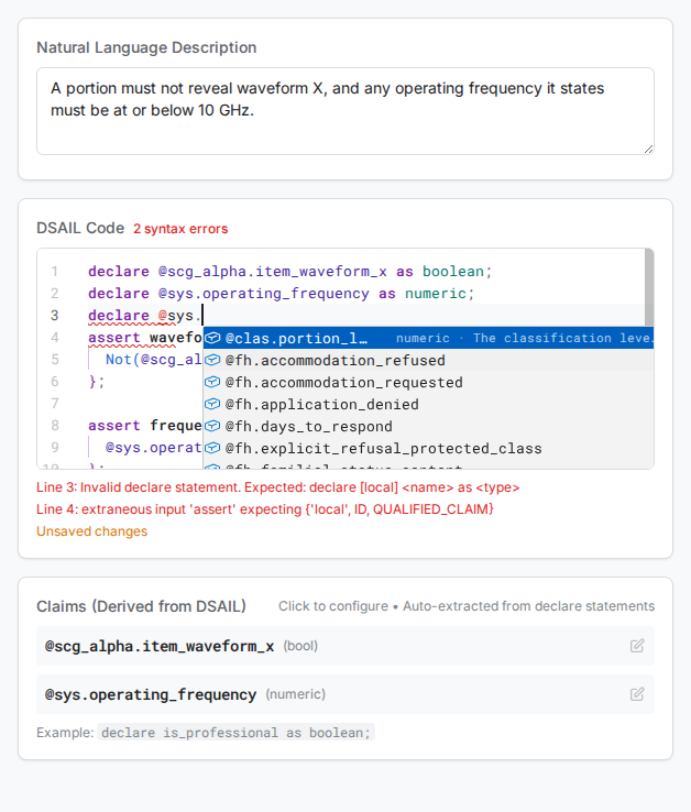 The DSAIL editor offering registry claims after the sigil, each with its type and gloss