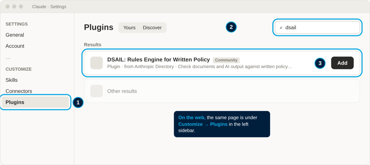 Claude's Plugins settings page with dsail typed in the search box and the DSAIL plugin's Add button highlighted