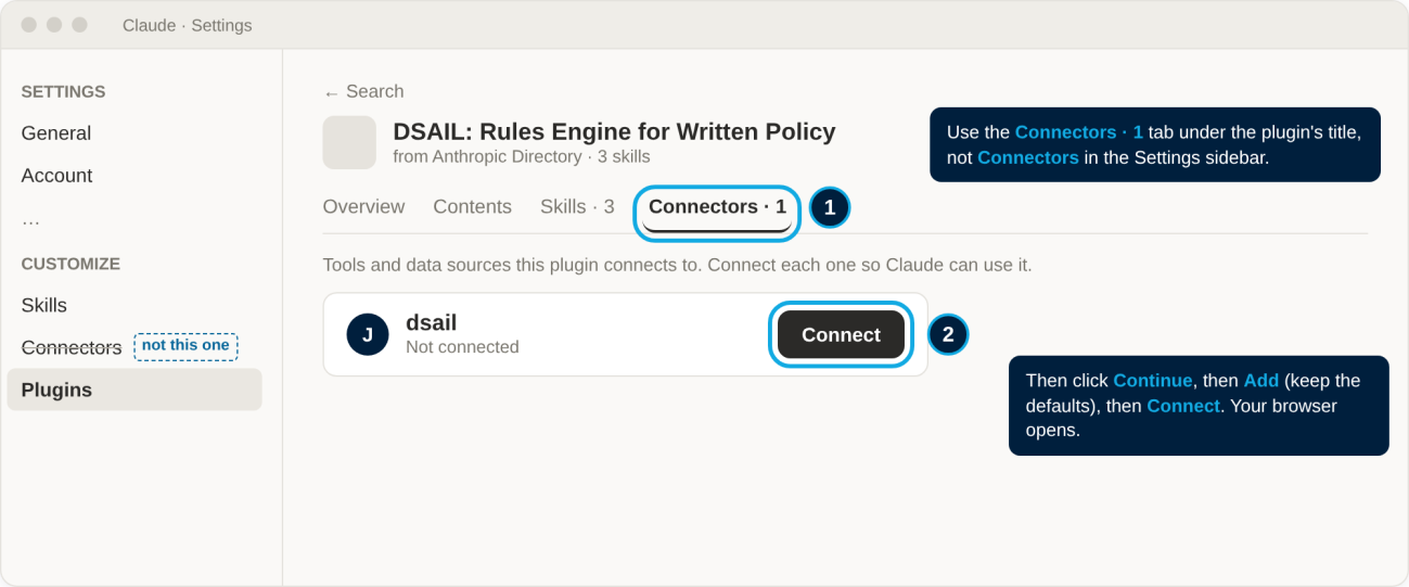 The DSAIL plugin's page with its Connectors tab selected and the Connect button next to dsail highlighted