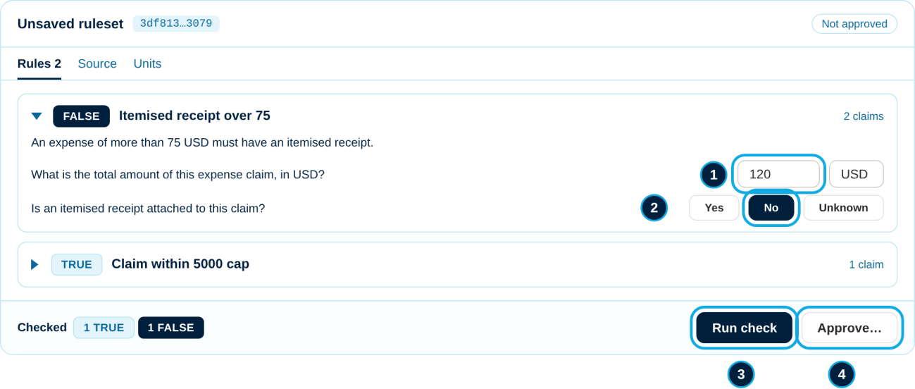 The review panel with 120 USD entered, No chosen for the receipt, the receipt rule showing FALSE and the cap rule showing TRUE
