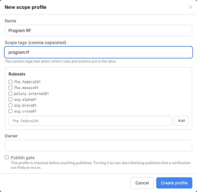 The scope profile editor, declaring the slice verification runs against