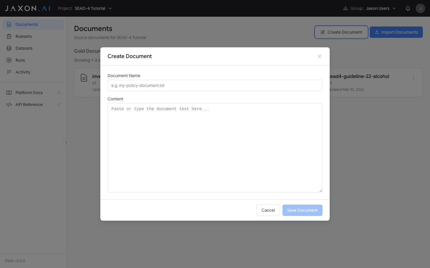 Create Document modal with SEAD-4 policy text
