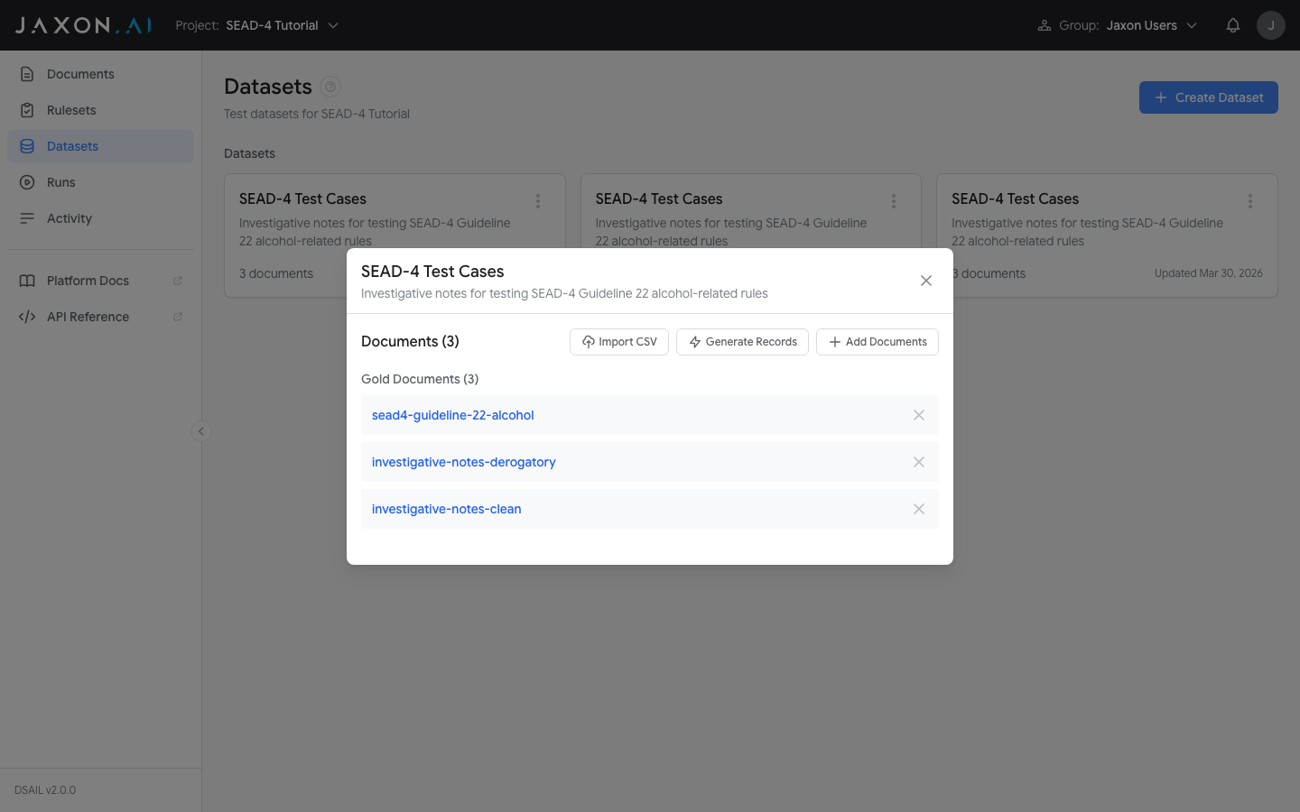 Dataset detail view with test documents