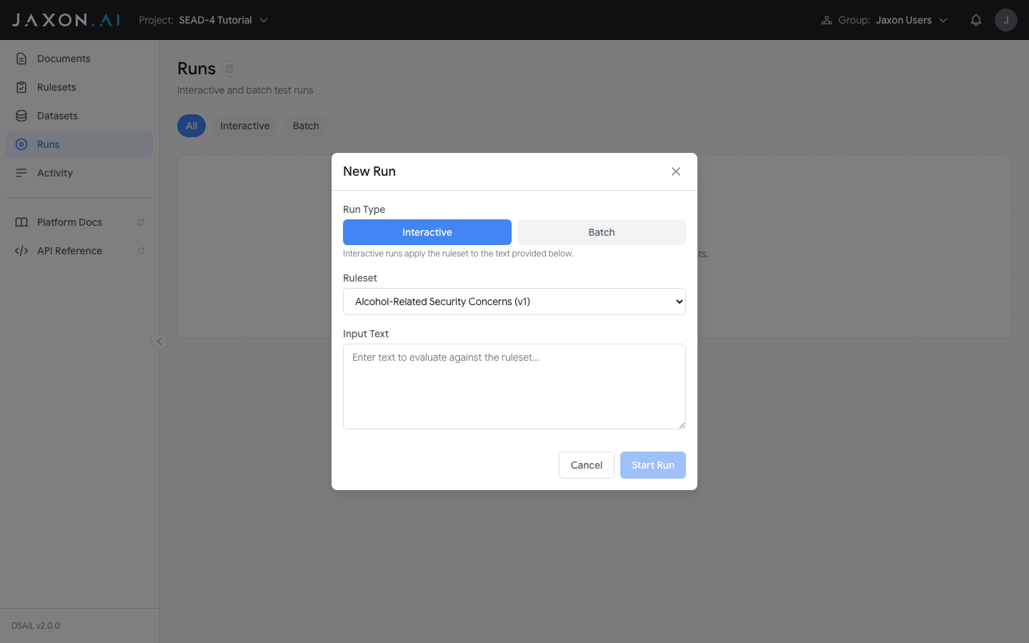 New Run dialog configured for batch evaluation