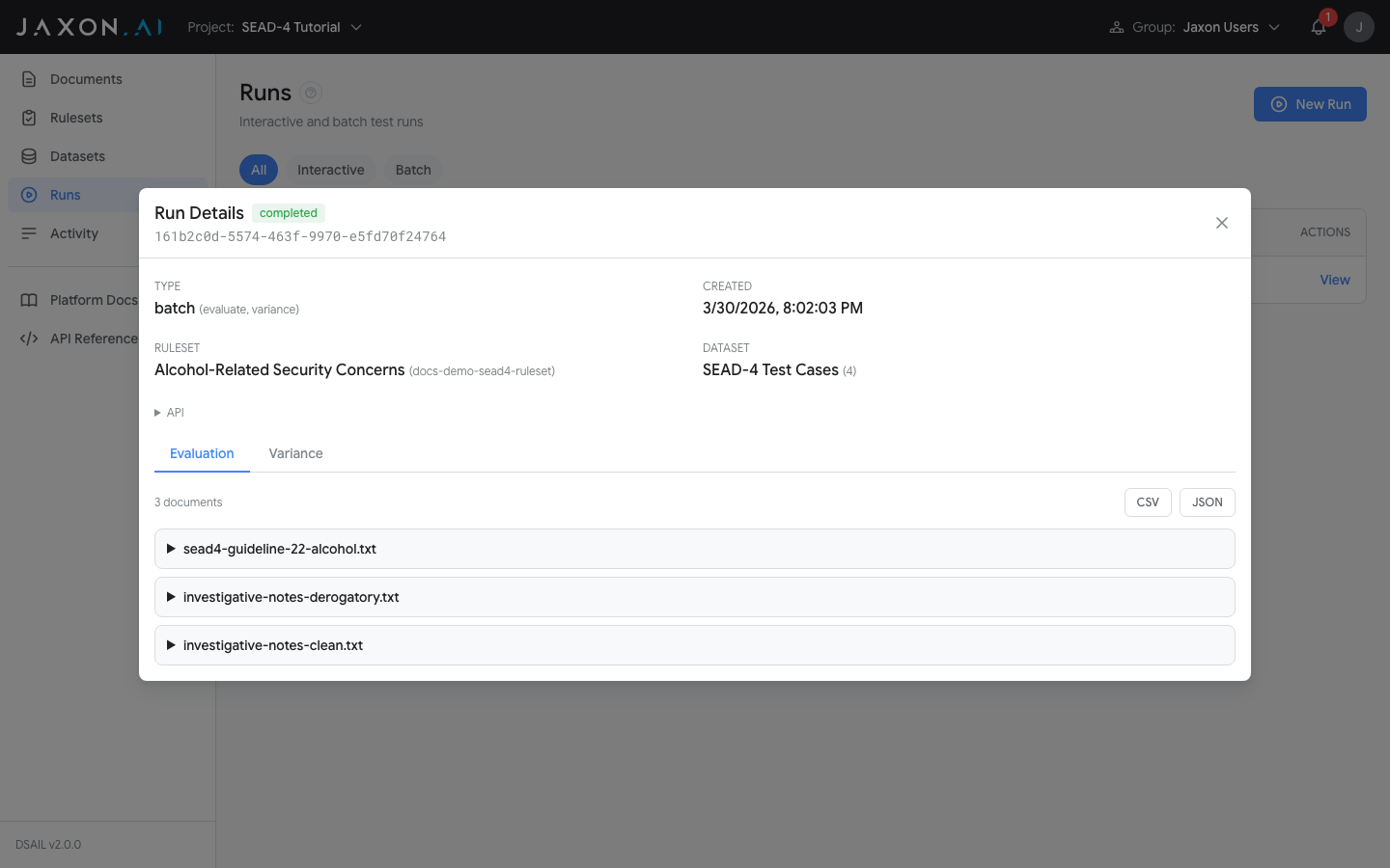Batch evaluation results