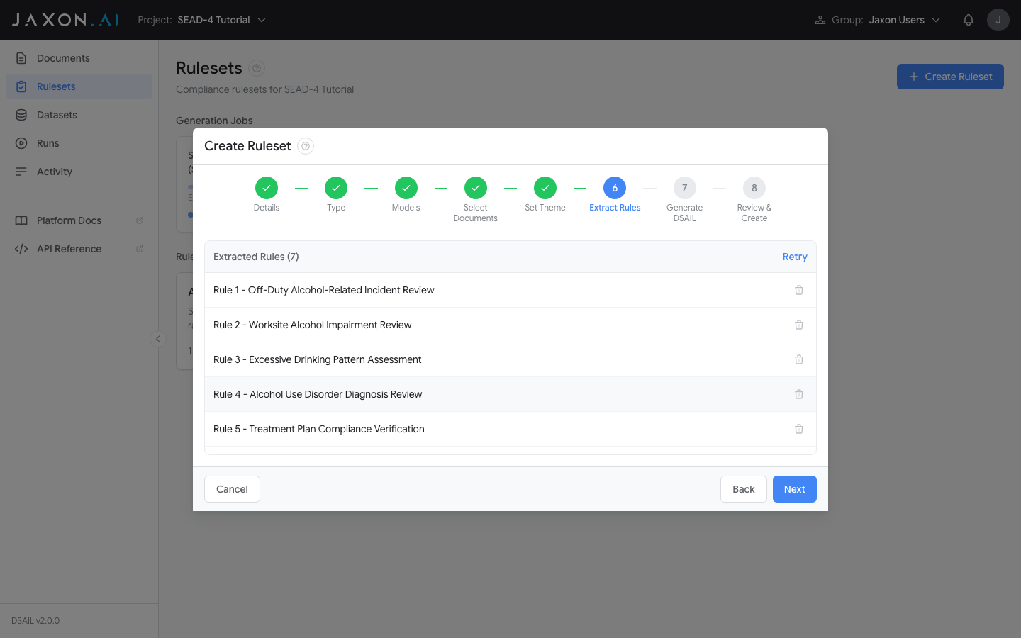 Wizard Extract Rules step showing extracted rules