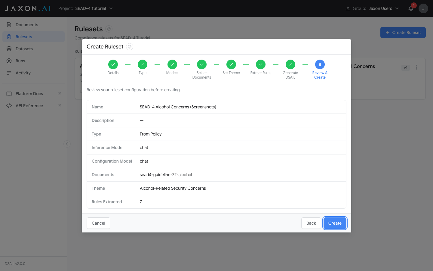 Wizard Review step showing extracted rules