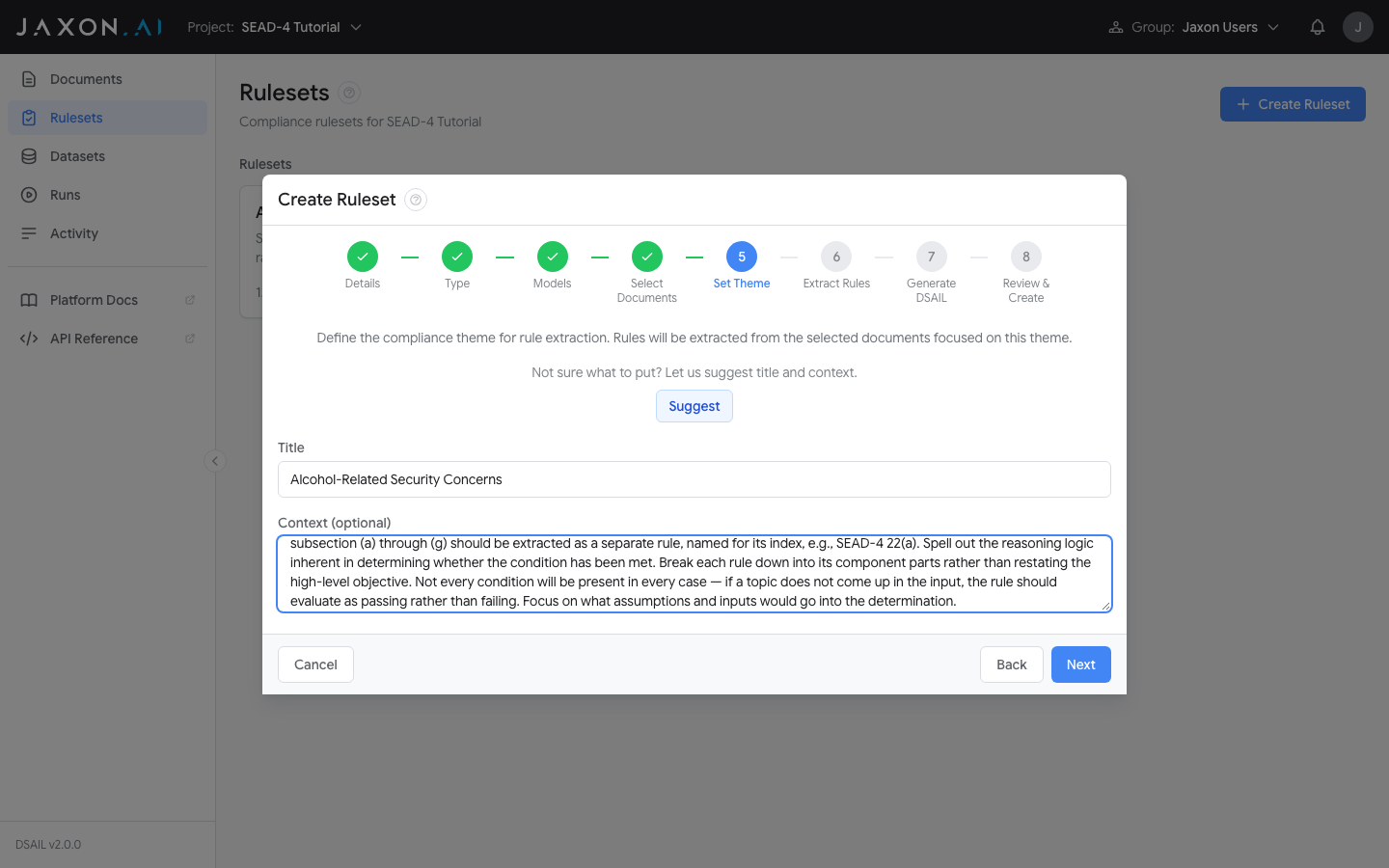 Wizard Set Theme step with title and context filled in