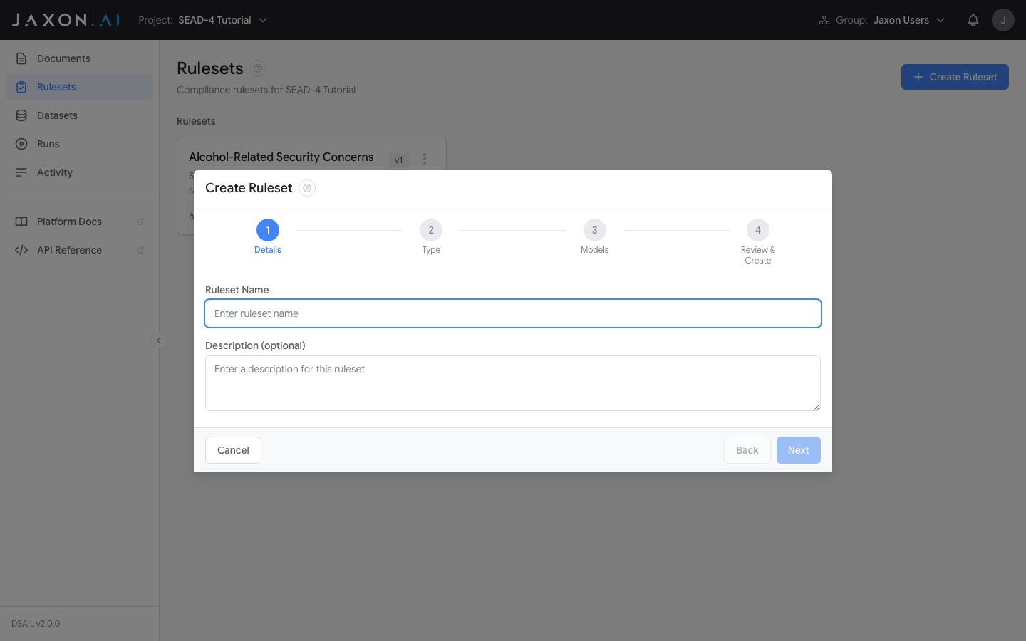 Wizard Type step with From Policy Documents selected