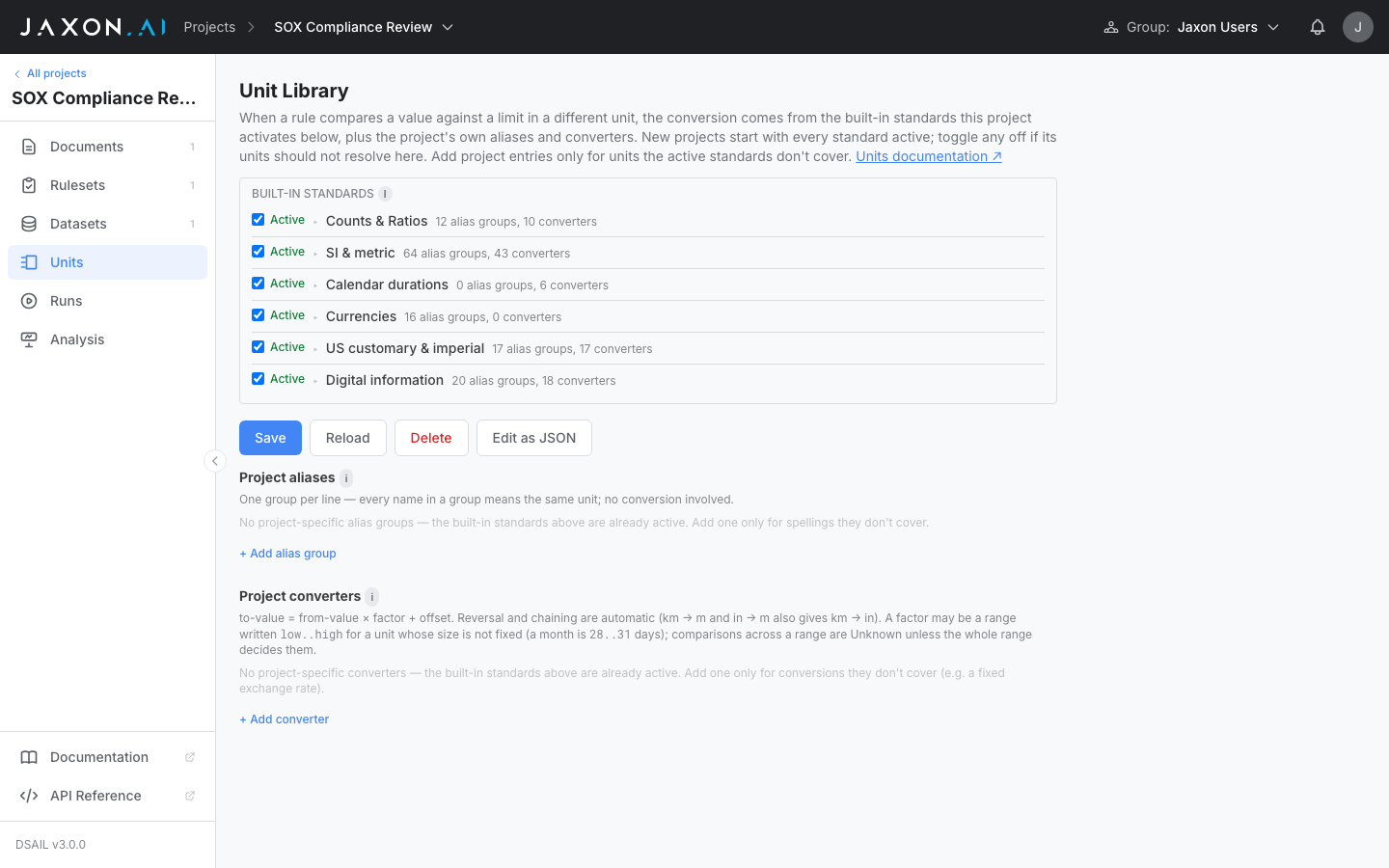 Unit Library page showing the built-in unit standards and their toggles