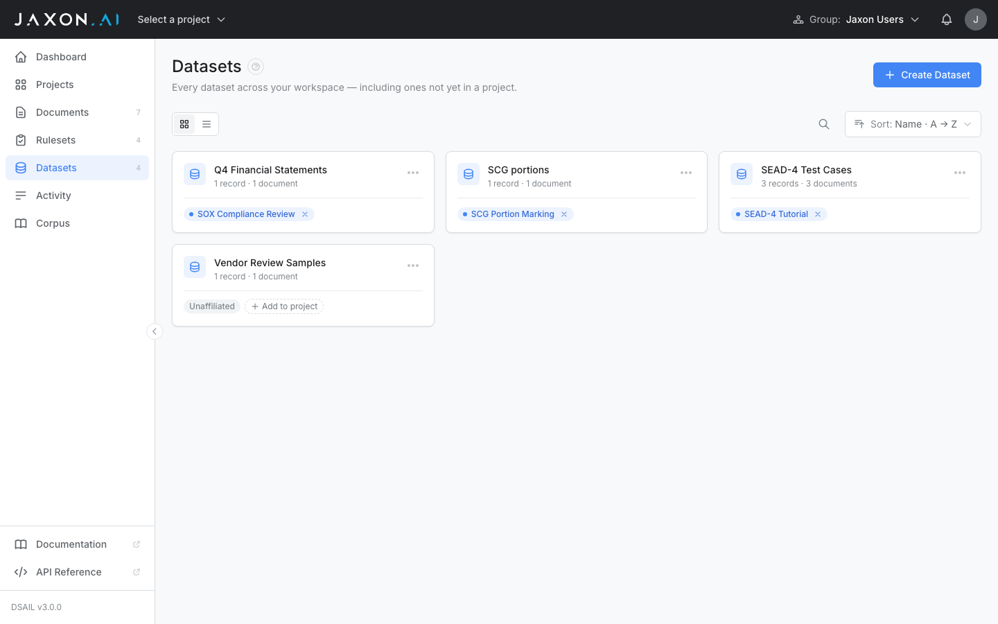 Workspace Datasets page listing every dataset including unaffiliated ones