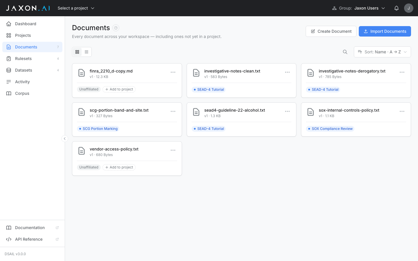Workspace Documents page listing documents across all projects