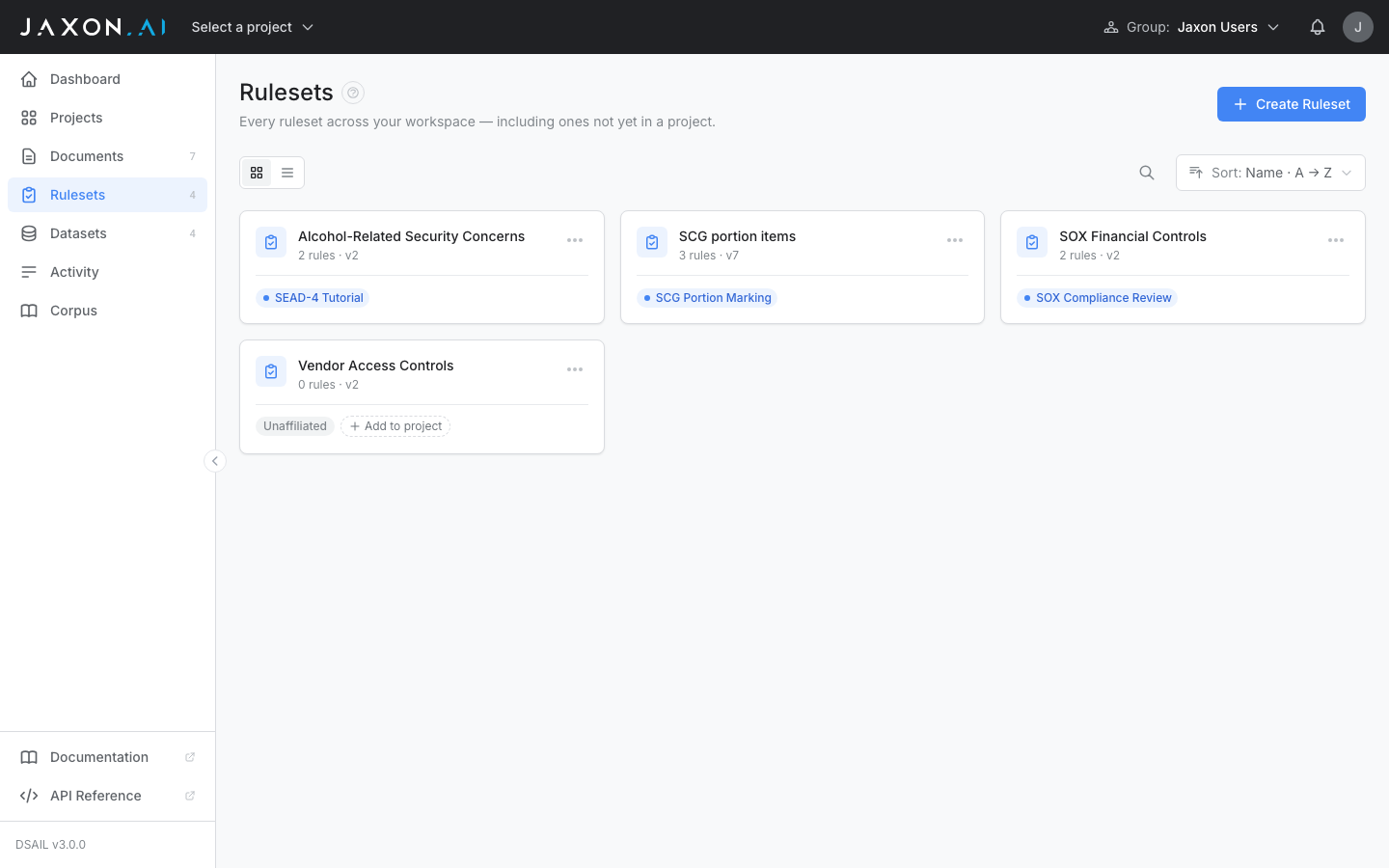 Workspace Rulesets page listing every ruleset with its project chip